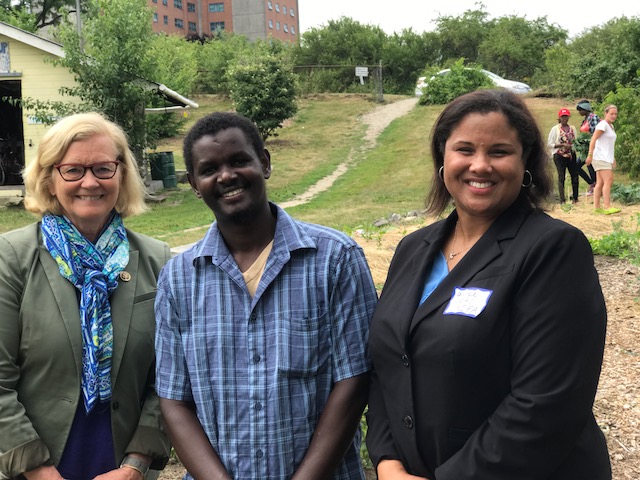 Congresswoman Chellie Pingree, Dr. Rucker-Ross, and Hussein Muktar who farms and leads outreach for Cultivating Community at Boyd Street Urban Farm