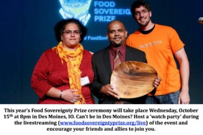 National Fisheries Solidarity Movement, one of the 2012 Food Sovereignty Prize honorees, being recognized by Brett Tolley and Niaz Dorry of the Northwest Marine Alliance.