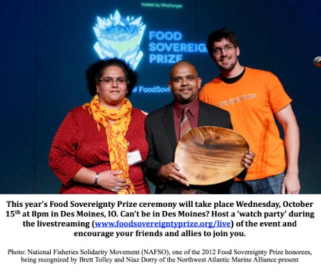 National Fisheries Solidarity Movement, one of the 2012 Food Sovereignty Prize honorees, being recognized by Brett Tolley and Niaz Dorry of the Northwest Marine Alliance.