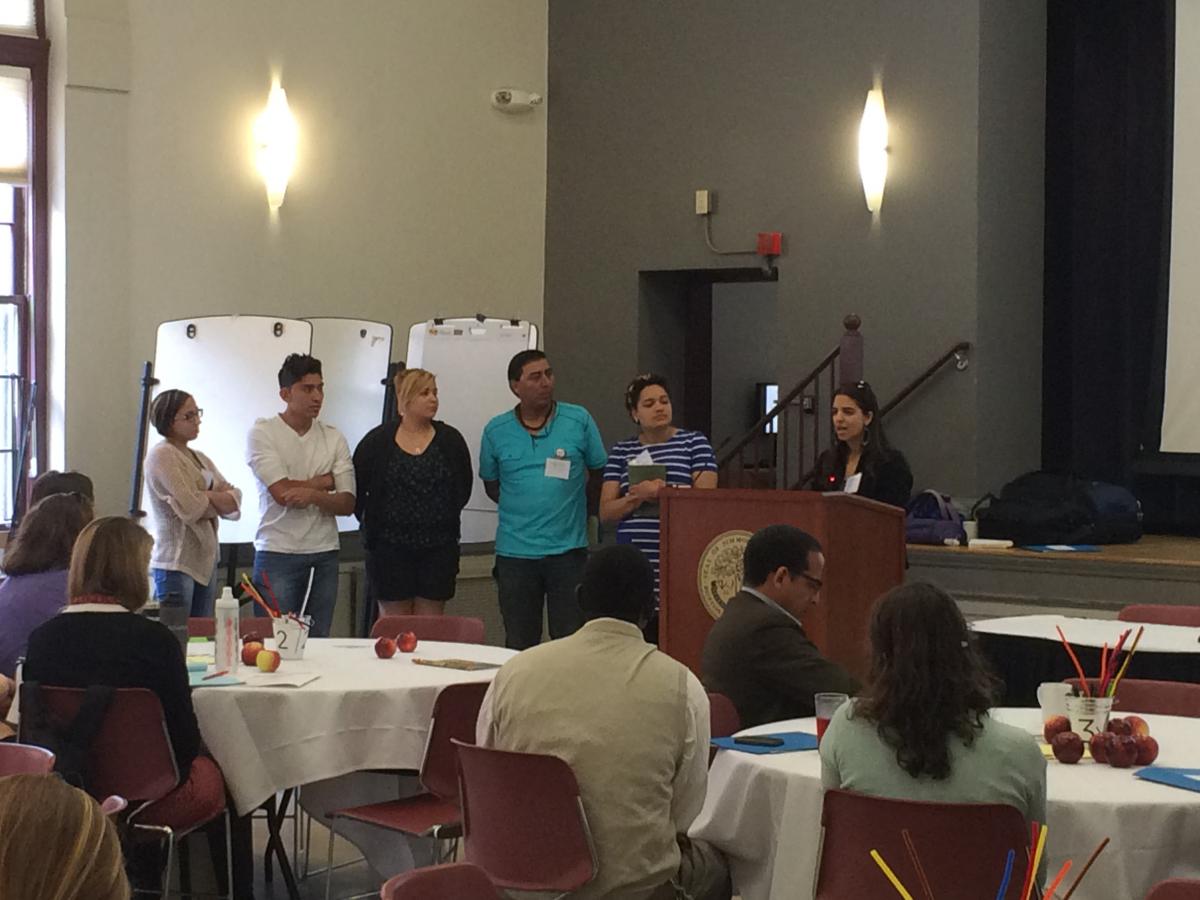 Members of the first ever Food Chain Workers Delegation present at the 2015 New England Food Summit. From left to right: Food Chain Worker Delegates Mileika Arroyo, Jonathan Alvarez, Monica Rivera, Harol Lopez, Senowa Mize-Fox, Heather LaPenn.