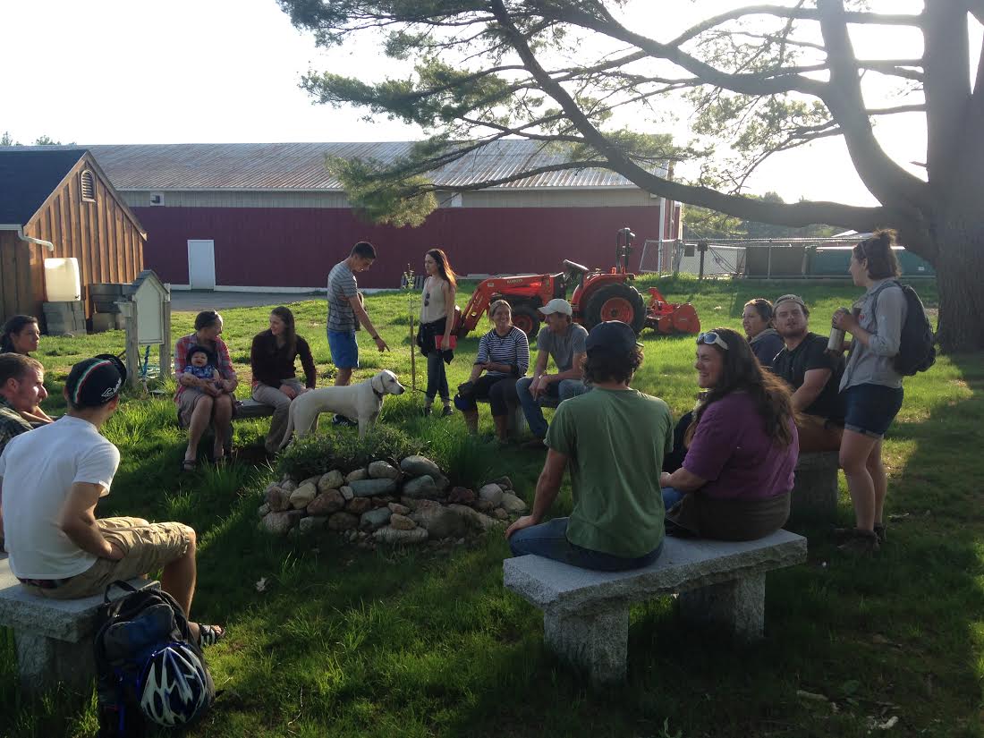 Attendees gather at the first YFN of the 2015 season. Stone Hill College Farm is located at the Jesuit College in Easton, MA, and donates all of the food it produces to local organizations which serve low-income and food insecure populations.