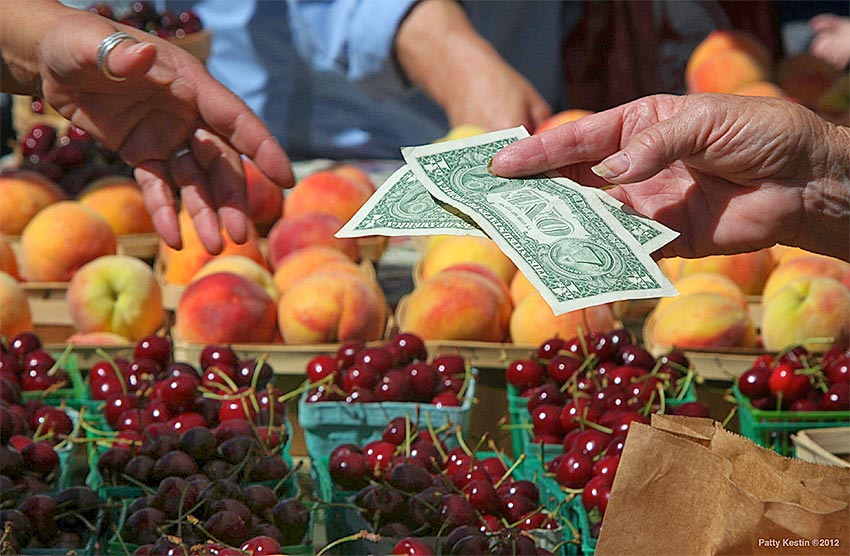 close up of hands exchanging dollars at farmers market with cherries and peaches, credit: Patty Kestin