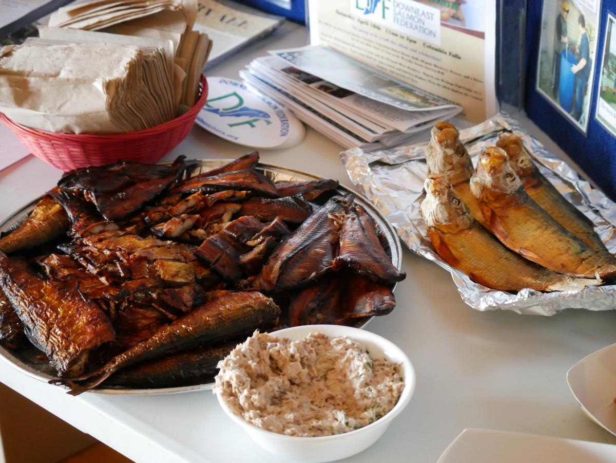 whole and prepared fish on buffet with Downeast Salmon Federation information