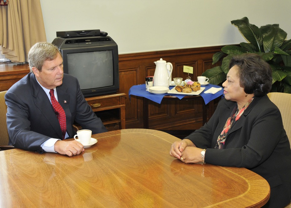 Agriculture Secretary Tom Vilsack meets with Shirley Sherrod in his office at the U.S. Department of Agriculture in Washington, DC in 2010. USDA Photo by Bob Nichols