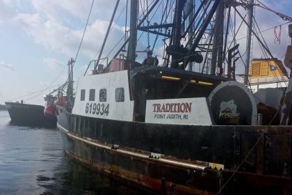 A commercial fishing boat docked at the Port of Galilee. Taken by Randall, 2016