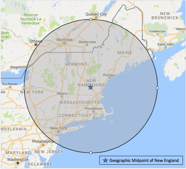 map, with geographic midpoint of New England