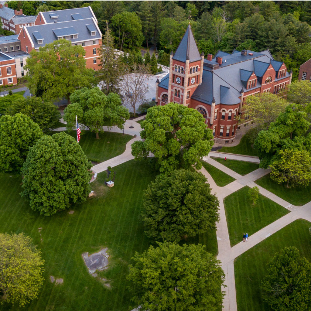 An overhead view of Thompson Hall at the University of New Hampshire
