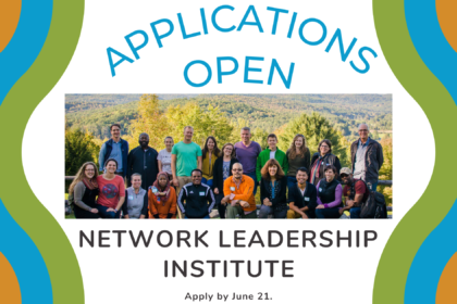 Orange, blue, and green banner with a group photo of the 2015 Network Leadership Institute cohort and text that reads 