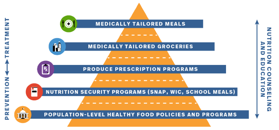 Orange pyramid with blue lines that read from the bottom up: "Population-level healthy food policies and progress"; "Nutrition security programs (SNAP, WIC, School Meals)"; "Produce prescription programs"; "medically tailored groceries"; "medically tailored meals"