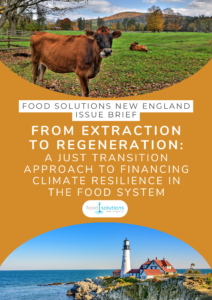 Cover of an issue brief with cows in a field up top and a lighthouse over looking the issue on the bottom. The text reads "Food Solutions New England Issue Brief. From Extraction to Regeneration: A Just Transition Approach to Financing Climate Resilience in the Food System"